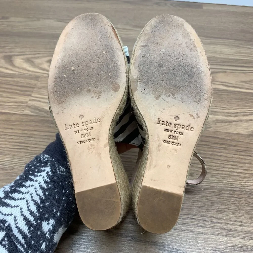 Kate‎ Spade Sandals 8.5 Black White Boardwalk Espadrille Slingback Stripes Wedge